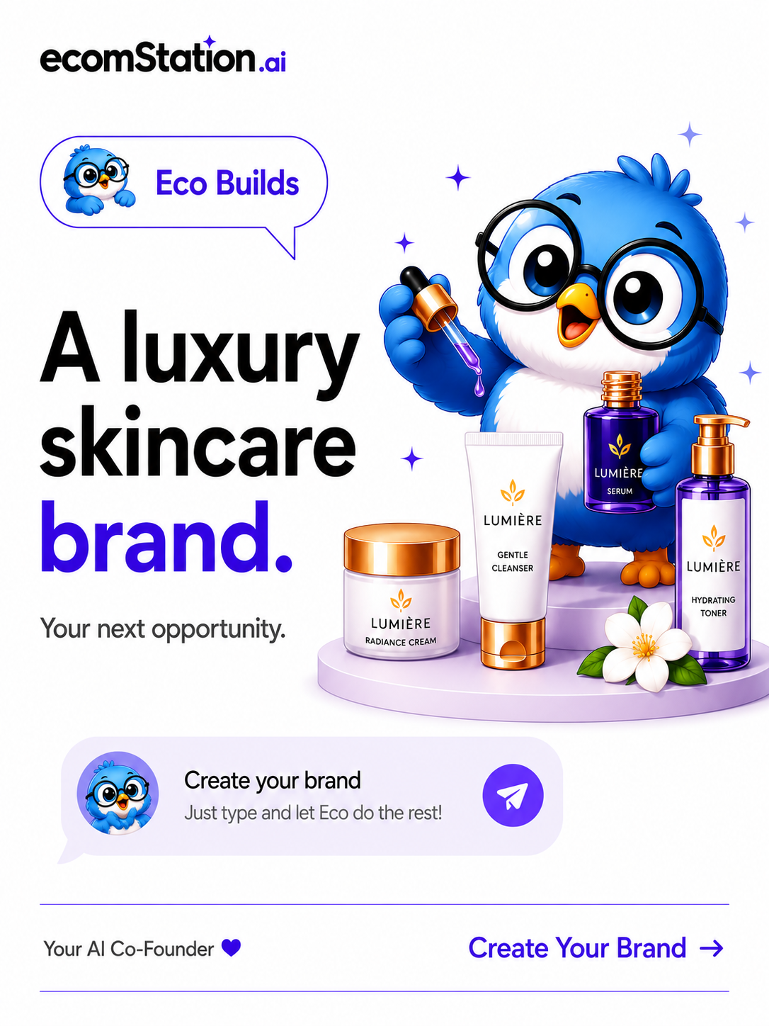 Ecomstation.ai — build a luxury skincare brand with your AI co-founder